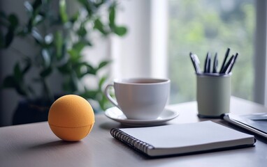 A stress management toolkit on a desk, including a journal, a stress ball, and a cup of herbal tea, symbolizing practical tools for handling stress.