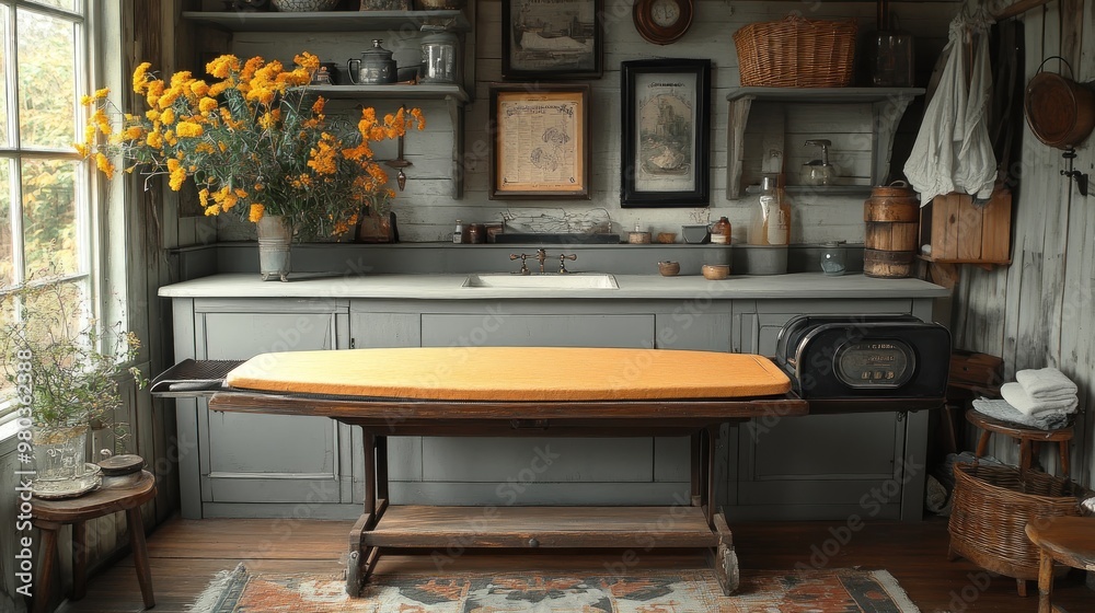 Wall mural Cozy vintage laundry room with an ironing board and flowers.