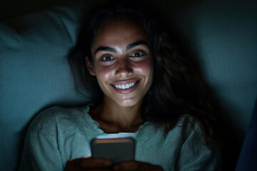 Smiling Woman Using Phone in Bed at Night