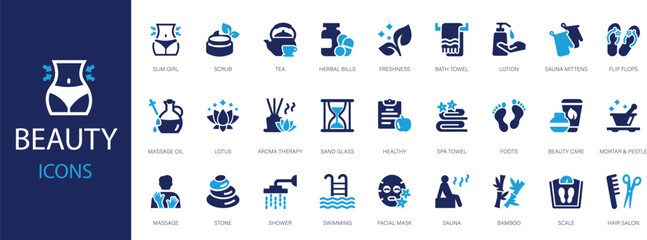 Beauty flat icons set. Slim girl, aromatherapy, sauna, lotus, wellness icons and more signs. Flat icon collection. 