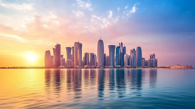 Doha skyline Qatar during a serene sunset