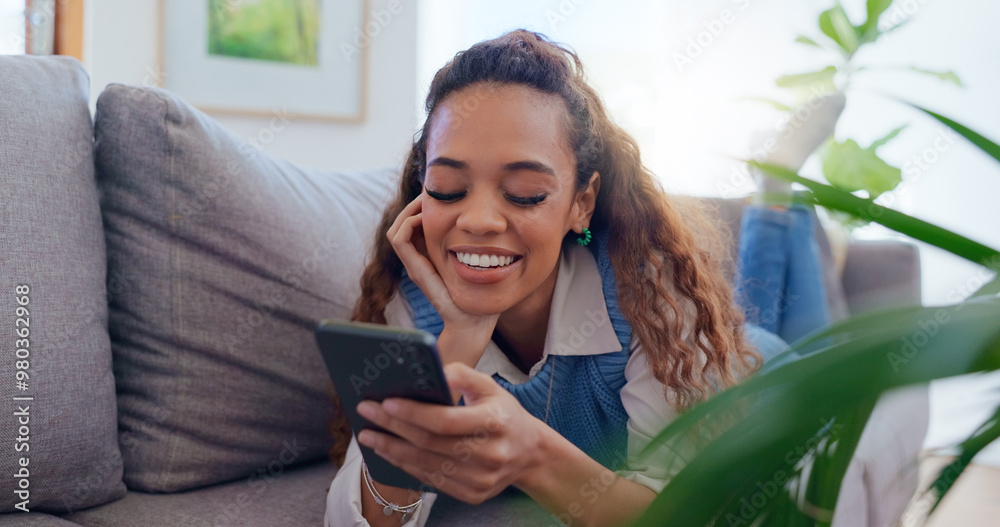Poster girl, couch and phone with scroll in home for social media browsing, reading ebook and smile for tex