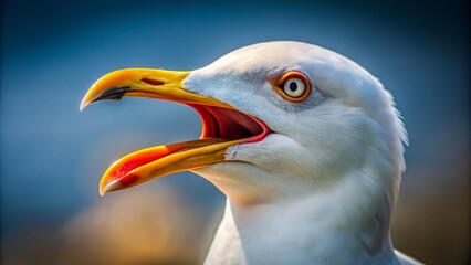 Obraz premium Close-up of a seagull's open beak, showcasing its vibrant yellow interior, is perfectly isolated on a transparent background, highlighting its textured plumage details.