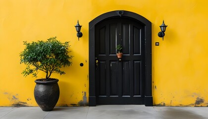 Symbolic entrance of hope with a black door on vibrant yellow wall accented by a vibrant potted...