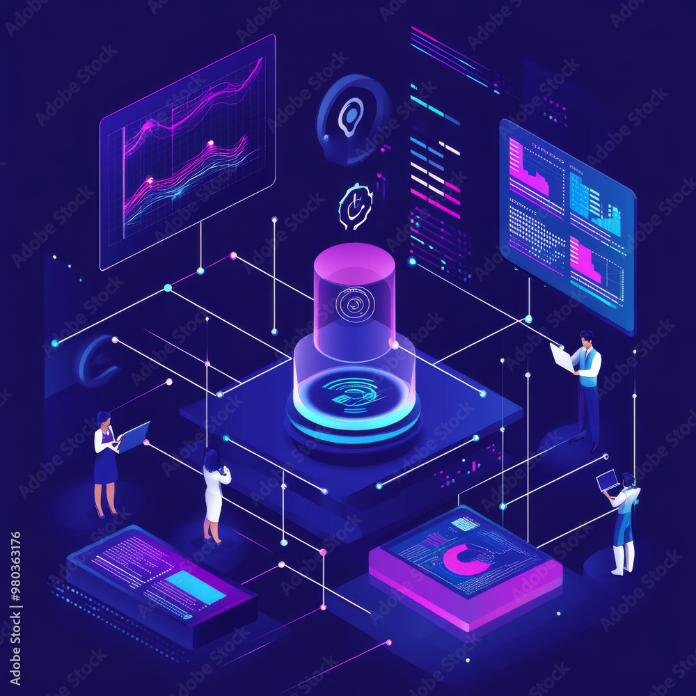 Poster artificial intelligence analyzing business data and optimizing company operations. isometric vector 