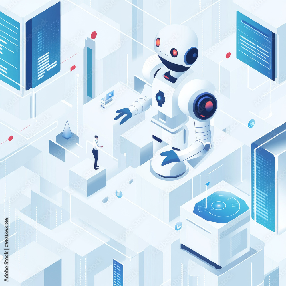 Poster artificial intelligence analyzing business data and optimizing company operations. isometric vector 