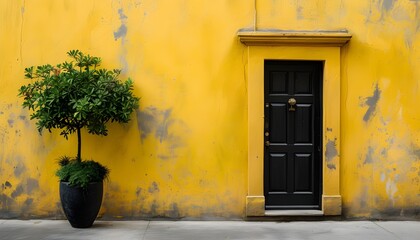 Symbolic entrance of hope with a black door on vibrant yellow wall accented by a vibrant potted...