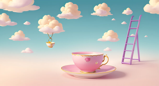 An unconventional mobile wallpaper featuring random everyday objects like a teacup, a shoe, and a ladder, floating in a surreal, pastel-colored sky with fluffy clouds