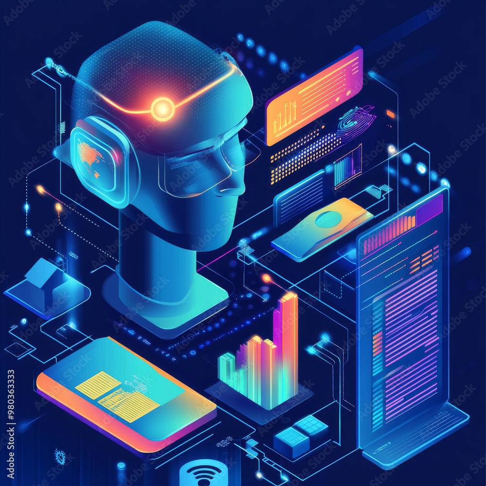 Poster artificial intelligence analyzing business data and optimizing company operations. isometric vector 