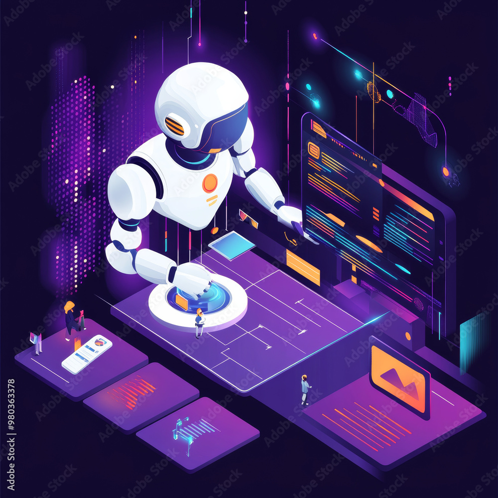Poster artificial intelligence analyzing business data and optimizing company operations. isometric vector 