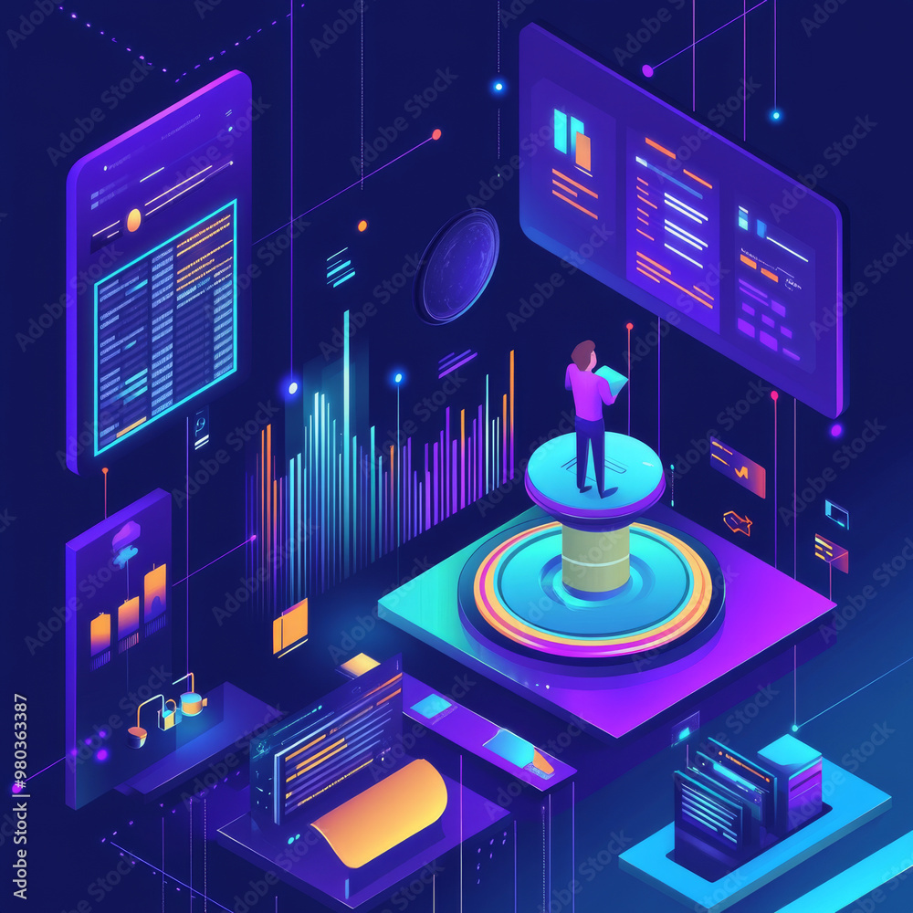 Poster artificial intelligence analyzing business data and optimizing company operations. isometric vector 