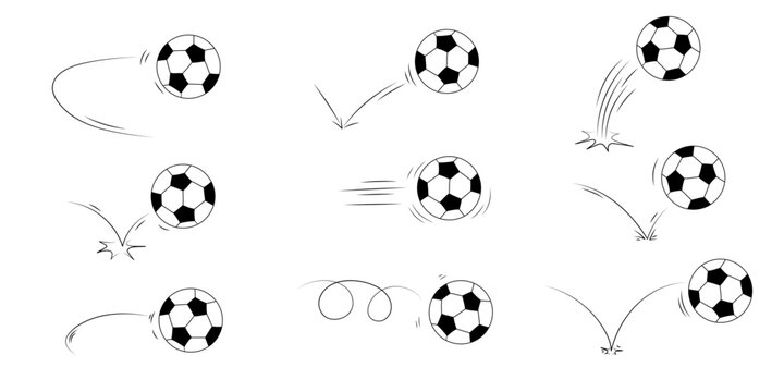 Doodle sport soccer football ball trajectory bounce collection. Line hand drawn balls set