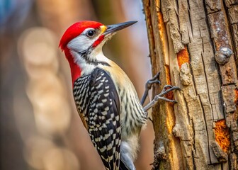 A sharply focused woodpecker is captured in its natural habitat, showcasing its industrious nature as it expertly taps away at a weathered tree trunk with precision.
