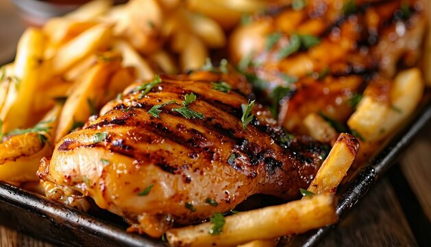 Scrumptious and succulent chicken with crispy golden fries make a delightful meal