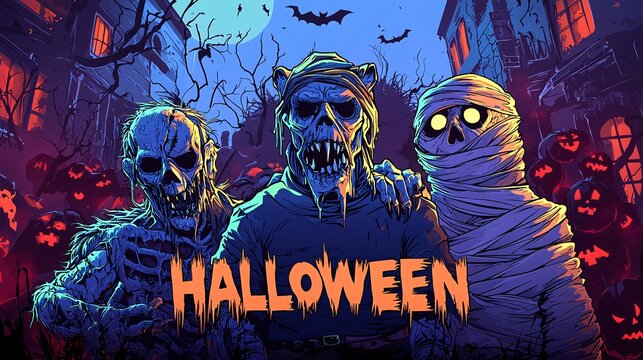 A Halloween invitation banner features whimsical cartoon creatures like a zombie, werewolf, and mummy, beckoning guests to a thrilling costume bash with live tunes and spooky excitement.