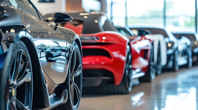A remarkable lineup of sports cars showcases their powerful lines and shiny finishes, highlighting aerodynamic shapes in a contemporary showroom setting