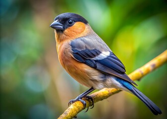 Fototapeta premium Endangered juvenile St Kitts Bullfinch Melopyrrha grandis perches on branch, showcasing brown and gray feathers, endemic to St Kitts, North America, in natural habitat.