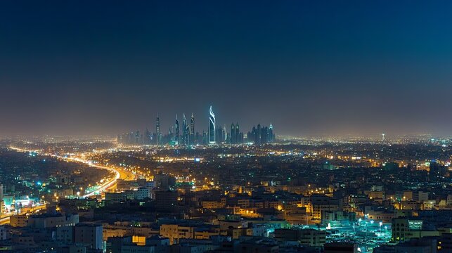 Nighttime aerial panorama of downtown Riyadh Saudi Arabia