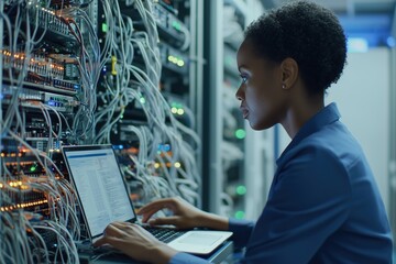 A female african american IT engineer works in a data center, analyzing network configurations on her laptop while surrounded by server racks and numerous connected cables