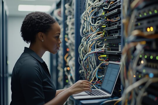 A female african american IT engineer works in a data center, analyzing network configurations on her laptop while surrounded by server racks and numerous connected cables - Powered by Adobe