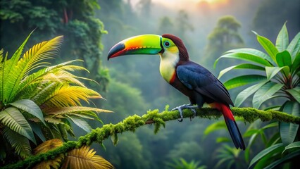 Fototapeta premium Vibrant toucan perches on lush green branch amidst dense jungle foliage, its brightly colored beak and plumage standing out against the misty, emerald backdrop.
