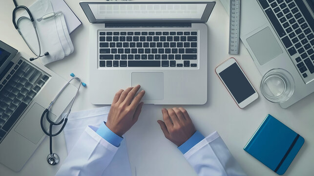 a doctor working on a modern laptop computer making a report about patient condition or doing some research, use of modern digital technology in medical field 