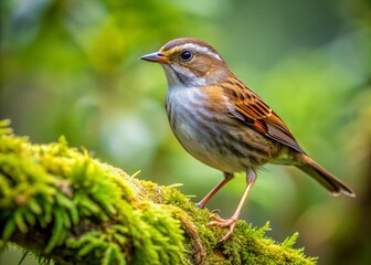 Fototapeta premium Small, secretive bird with streaked brown back and white underparts, perched on a moss-covered branch, amidst lush green foliage in a woodland scene.