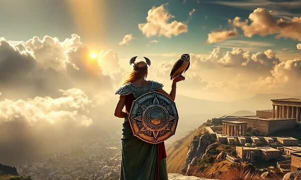 Athena, a goddess of wisdom and war stands on a hill overlooking an ancient city. She is armored and holds a spear and shield with an owl on her shoulder, symbolizing knowledge and strategy.