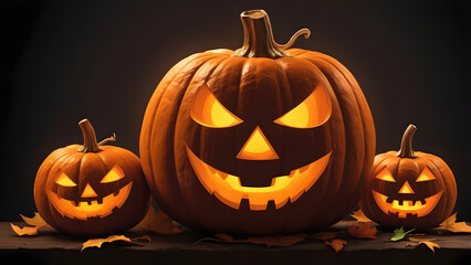 Fototapeta premium Halloween pumpkin background featuring spooky jack-o-lanterns on a black backdrop, perfect for autumn celebrations
