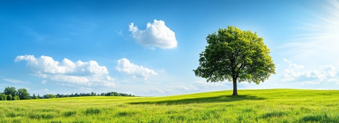 Solitary Tree in Lush Green Meadow Under Bright Blue Sky with Fluffy Clouds