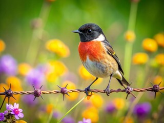 Fototapeta premium Vibrant stonechat perched on rusty barbed wire fence amidst lush green meadow with scattered wildflowers on a serene sunny afternoon in countryside landscape.
