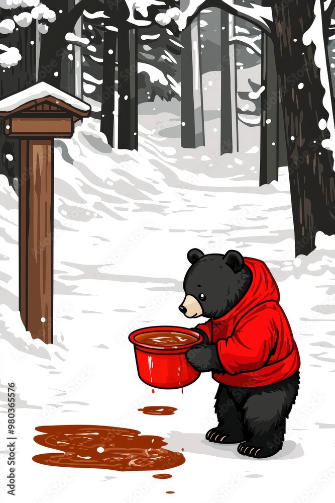 Wall mural black bear pouring liquid in snowy forest