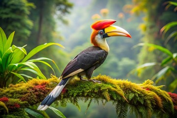 Obraz premium Vibrant hornbill perches on a moss-covered branch amidst lush green foliage, showcasing its bright plumage and distinctive casque in a serene forest setting.