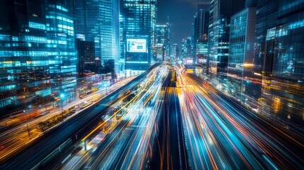 Blurred Cityscape at Night with Speeding Lights and Skyscrapers