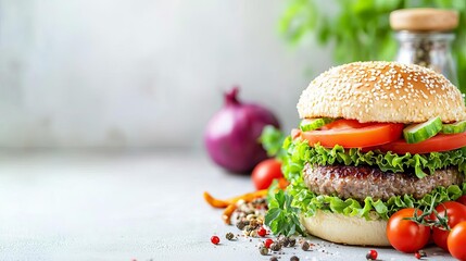 Lab-grown meat burger made with biotech, displayed with organic vegetables, biotech food, sustainable agriculture