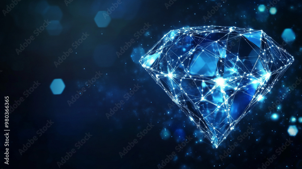 Fototapete Illuminated polygonal diamond against a dark blue backdrop. A digitally rendered diamond featuring a network of interconnected points, representing complexity and connectivity. Vector illustration.