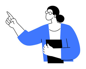 A professional woman with glasses and a blue jacket holds a folder and points upward. She has black hair pulled back and appears engaged. Ideal for workplace, education, presentations, lectures, or an
