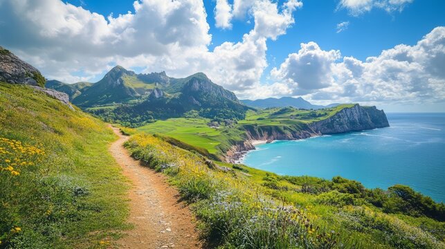 Picturesque mountain trail overlooking serene coastline and azure ocean