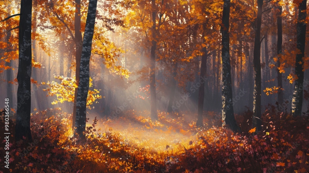 Poster sunlight streams through the canopy of vibrant autumn trees, illuminating the forest floor covered i