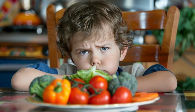 Boy expressing disgust at plate full of vegetables