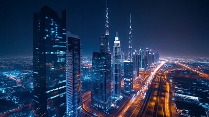Obraz premium Spectacular nighttime aerial view of Dubai UAE showing highways and towering skyscrapers