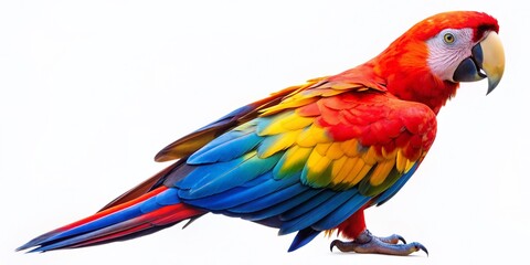 Obraz premium Vibrant full-body scarlet macaw with bright red plumage, yellow and blue accents, and long tail feathers, isolated on a transparent background in portrait pose.