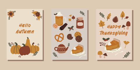 Hand drawn illustration set of Autumn Fall Thanksgiving greeting cards and posters collection. Cozy cafe bakery food and harvest pumpkins and leaves elements. For scrapbooking, invitation. A4 format