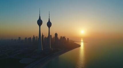 Sunrise over Kuwait City with a panoramic view of the city captured by a drone