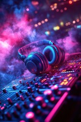 Colorful DJ headphones on DJ console in the background of a fuzzy smoky dark nightclub