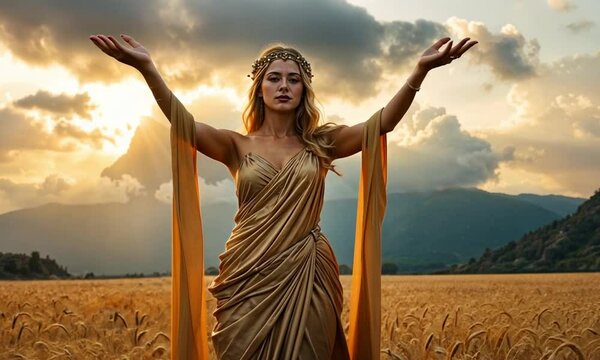 Demeter. The goddess of agriculture, in a vast, lush field of wheat. She stands tall, with golden grains flowing around her, hands reaching out to bless the earth, symbolizing abundance and fertility