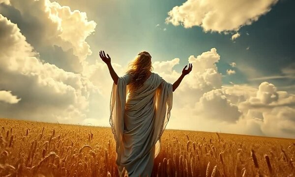 Demeter. The goddess of agriculture, in a vast, lush field of wheat. She stands tall, with golden grains flowing around her, hands reaching out to bless the earth, symbolizing abundance and fertility