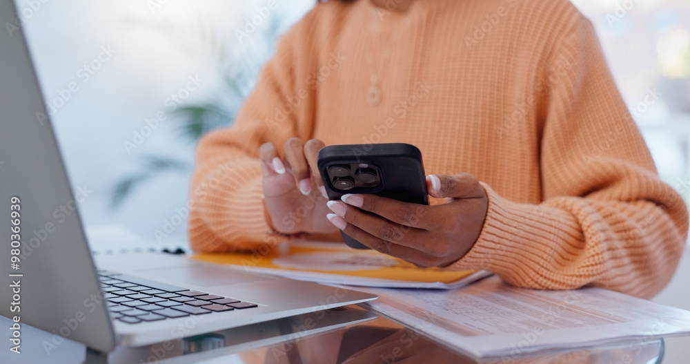 Poster hands, home and woman with smartphone, typing and laptop with network, connection and social media. 