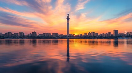 View of Cairo Tower at sunset on Gezira Island located in the Nile River Egypt