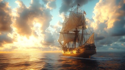 Obraz premium A majestic sailing ship with billowing sails cuts through the ocean at sunset, creating a stunning silhouette against the golden sky.